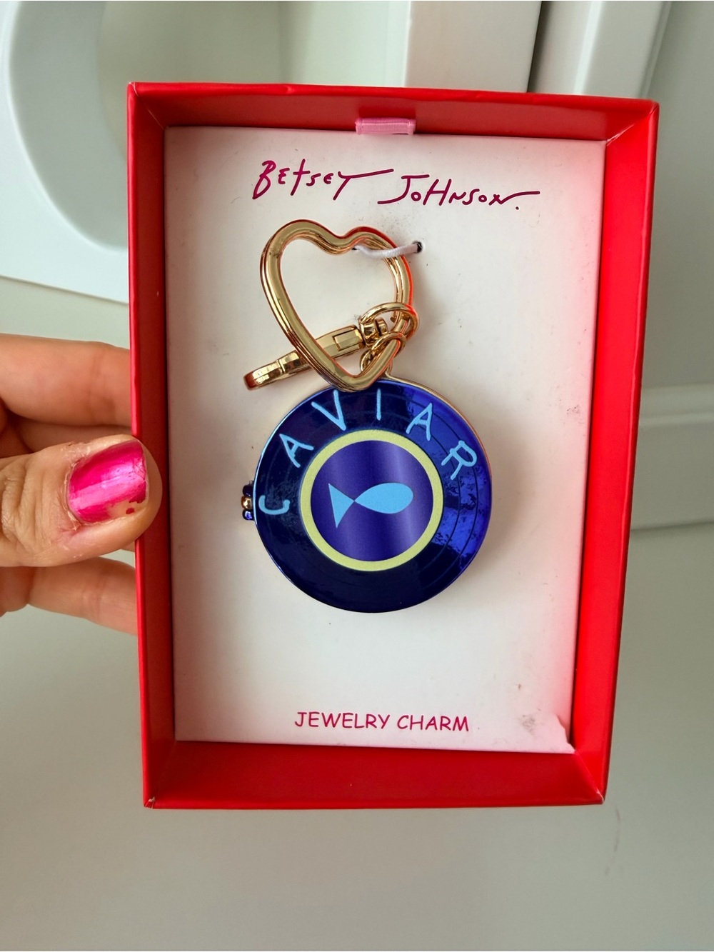 BETSEY JOHNSON Caviar Keychain Bag Charm Opens Up Gold Blue NEW With Box So Cute